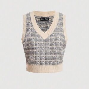 SHEIN Blue and Cream Knit Sweater Vest